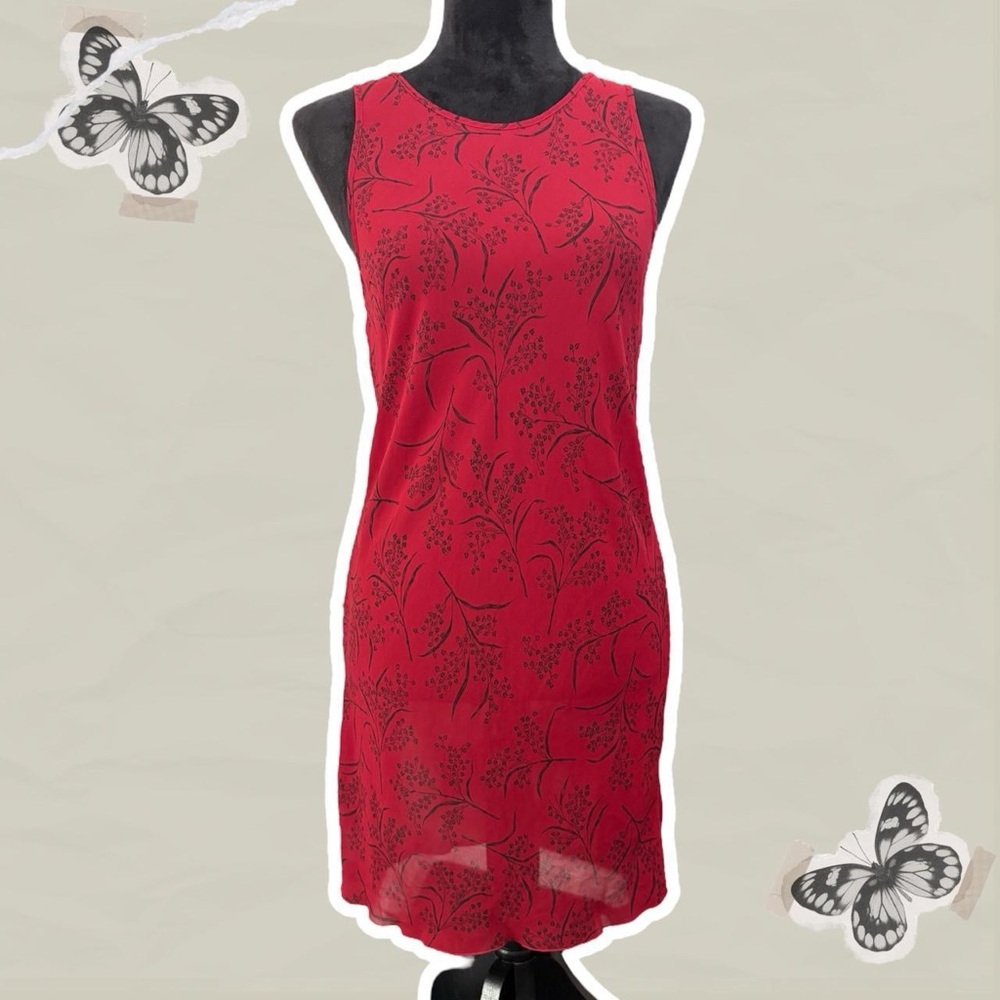 Calvin Klein Red and Black Floral Leaf Patterned Mesh Midi Slip Dress